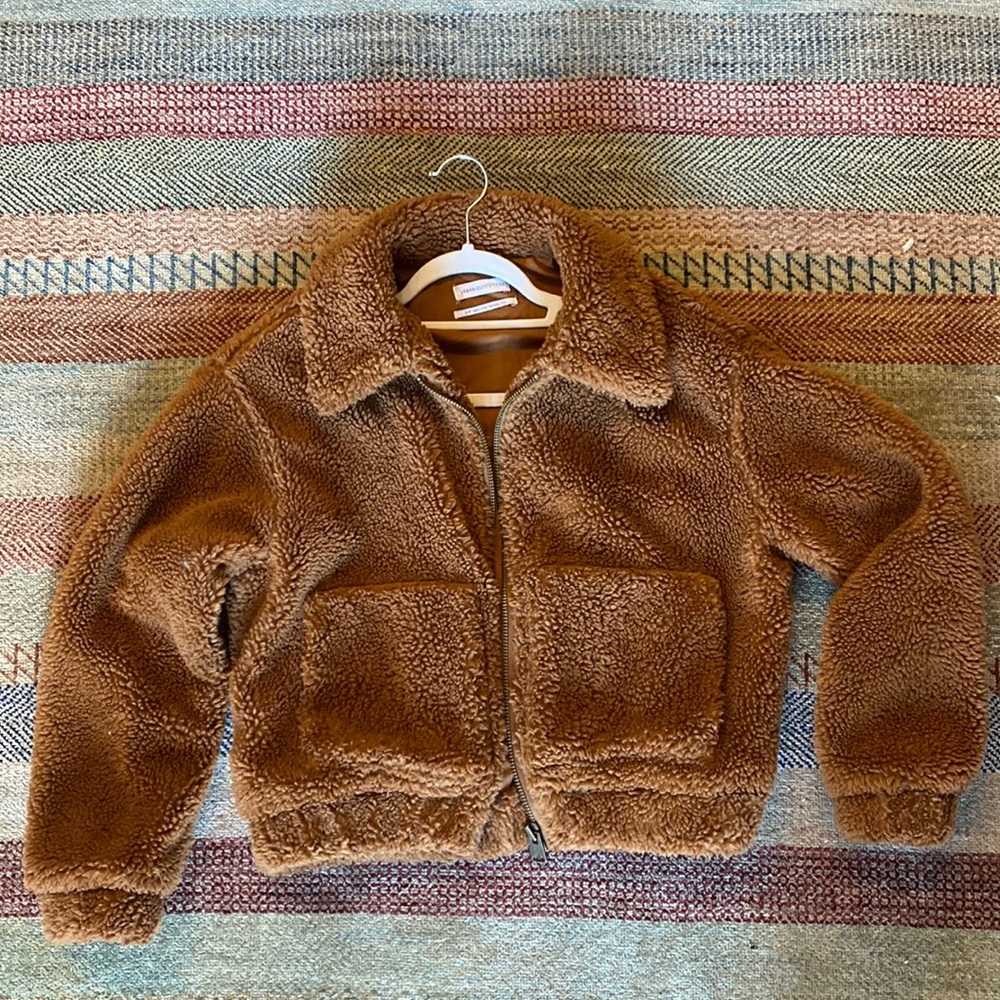 Urban outfitters cropped teddy jacket - tan - small